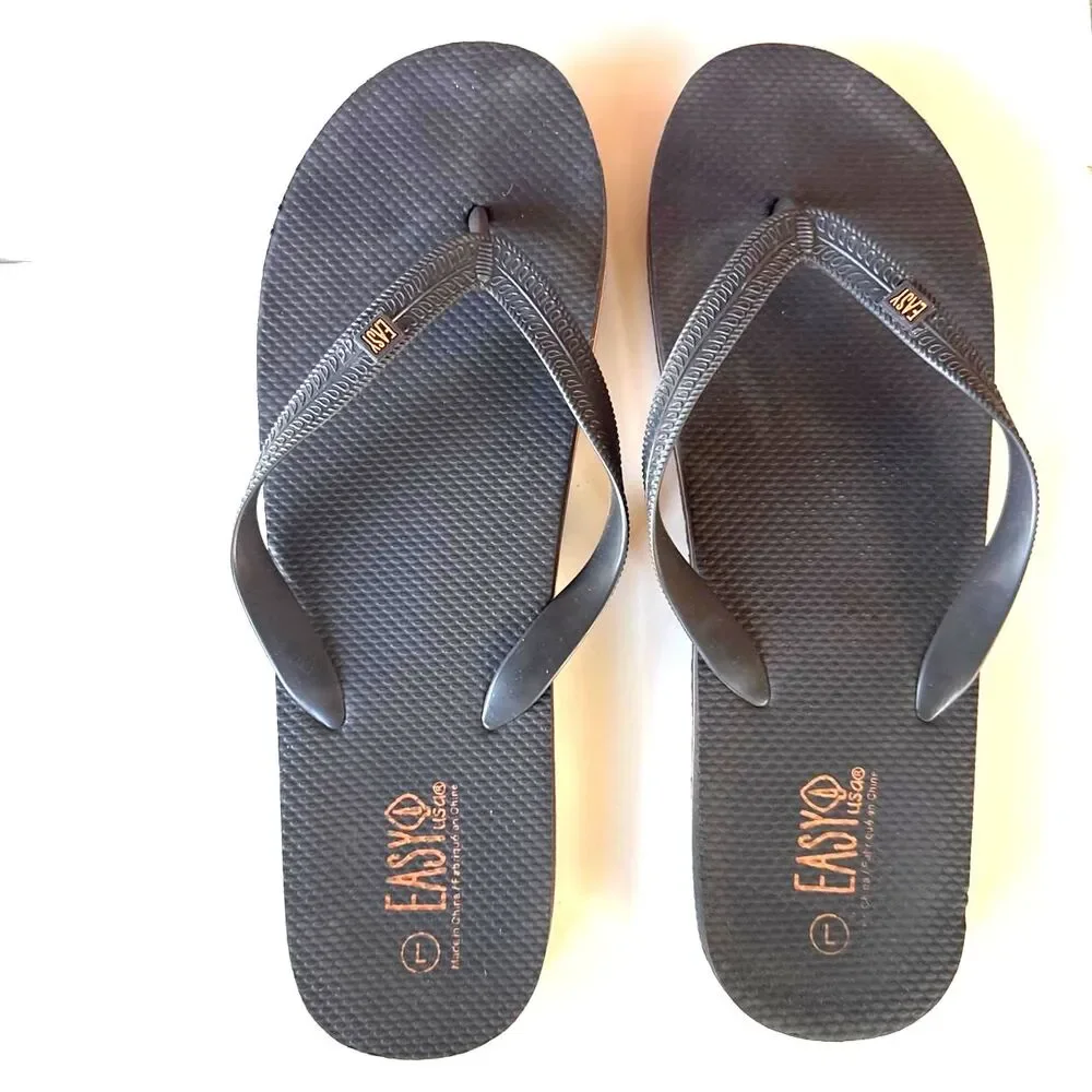 Easy usa Men's Black and Yellow Band Flip Flops Sandals Slip-Ons